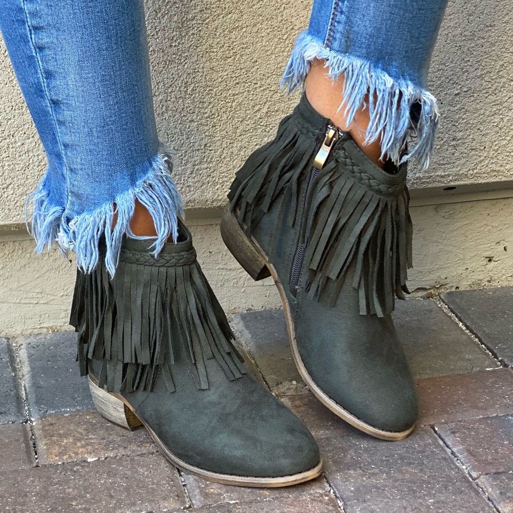 Olive Green Western Boho Braid Fringe Ankle Boots - Picture 4 of 13